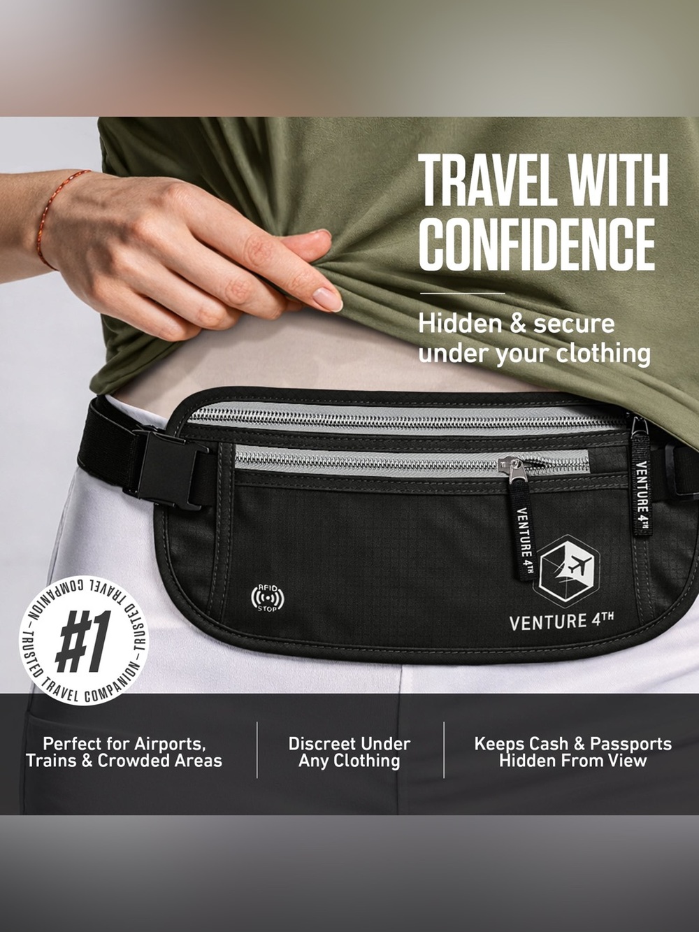 Venture 4th Black Belt Bag — Sleek Everyday RFID Blocking Bag - Picture 3 of 7